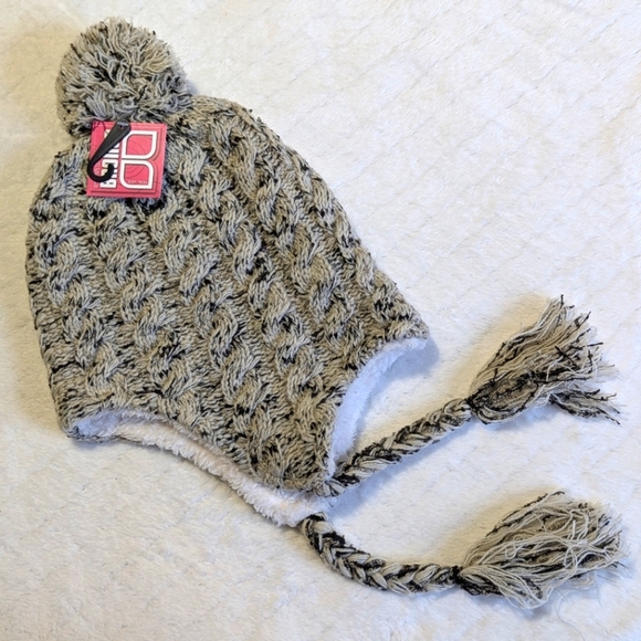 NWT Knit Peruvian Pom-Pom Hat - Sherpa Lined Cream and Brown - Picture 5 of 7